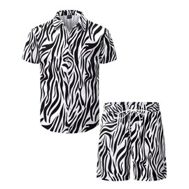 Fashonal Mens Zebra Print Shirts and Shorts Sets, Animal Tracksuits Causal Party Short Sleeve Hawaiian Summer 2 Pieces Outfit Sets, Zebra Size 4XL