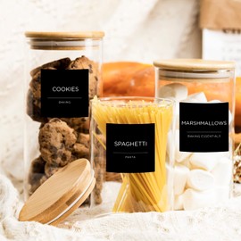 168 Pantry Labels, Prefdo Minimalist Farmhouse Waterproof Preprinted Food Name Stickers + Numbers for Kitchen Organization Storage Containers, Jars & Canisters (Black)