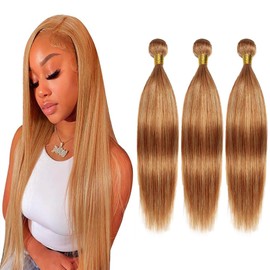 Light Brown Bundles Highlight Straight Human Hair P27/30 Highlight Honey Blonde Human Hair Bundles Silky Soft Remy Hair Highlight Honey Blonde Hair Weave 14 16 18 inch