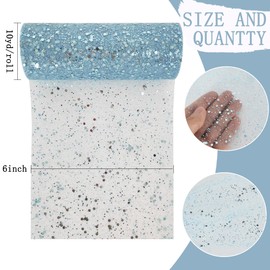 RIBBOOO Sky Blue Glitter Tulle Fabric Rolls 6 Inch 10 Yards Netting Fabric Sequin Sparkling Ribbon Spool Netting for DIY Tutu Skirt Gift Wrapping Baby Shower Wedding Party Decoration