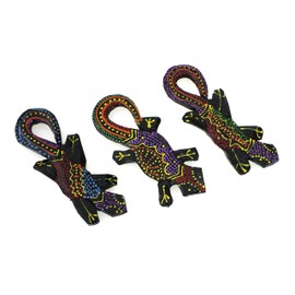 TEMPELWELT Decorative Figure Gecko with Magnet Set of 3, Albesia Wood Dotpainting Dot-Painted Colourful, 10 cm Long, Wooden Figure Lizard Fridge Magnet, Handmade from Bali