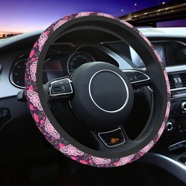 Pink Butterfly Rose Steering Wheel Cover for Women Anti-Slip Universal Car Accessories 15 inch Steering Wheel Protector Fit Auto SUV Sedan Vans Trucks