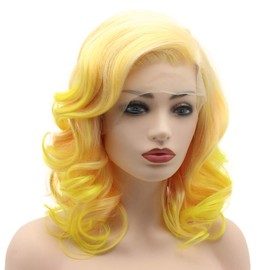 Meiyite Hair Wavy Shoulder Length 16inch Two Tone Pink Root Golden Ombre Heavy Density Realistic Synthetic Lace Front Wigs