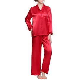 Lavenderi Women's Long Sleeve Premium Satin Pajama Set (Large, Red)