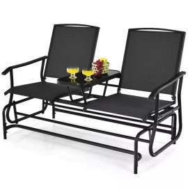 GoPlus Outdoor 2 Person Patio Double Glider Chair Loveseat Rocking Black W/ Glass Table