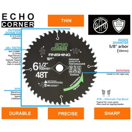 Echo Corner 6-1/2"Circular Saw Blade Combo Pack 48T+24T 5/8" Arbor Fine Cut Crosscut Framing Ripping Wood Plywood MDF Plastic Veneer Lumber Laminate