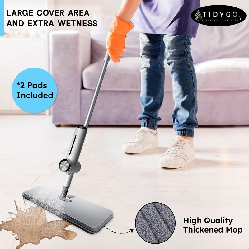 TIDYGO Spray Mop with Microfiber Cleaning Pads, Paddle Brush, 360°