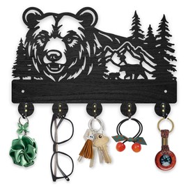 MAYJOYDIY Wooden Bear Key Holder for Wall 11.8x7.8inch Mountains Forest Wall Mounted Key Rack Animal Element Coat Hat Hook 5 Alloy Hooks for Entryway Front Door Hallway Wall Art Decoration