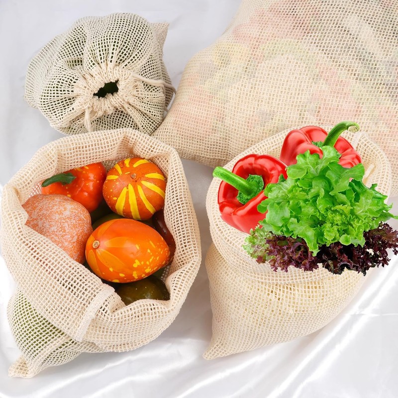 8 Pcs Reusable Cotton Mesh Produce Bags, Biodegradable Washable Eco-Friendly,