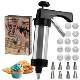 Stainless Steel Cookies Press, Cookies Press for Baking,Cookie Press Gun Kit with 13 Cookie Discs and 8 Piping Tips for DIY cake Maker Decorating Baking Supplies