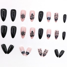 24Pcs Christams Black French Tips Short Oval Press on Nails, Snowflake Glossy False Nails Gel Glue on Nails, Stylish Manicure Art Acrylic Fake Nails Stick on Nails for Coquette Women Girls, Black&Rude