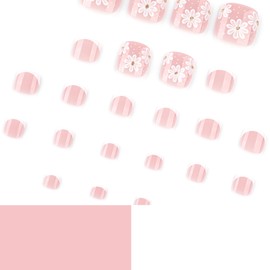 Short Square Press on Toenails French Tip Toenails White Daisy Nude Glue on Toenails Cute Spring Flowers Acrylic False Toe Nails Summer Toe Press on Nails for Women Girls Manicure Decorations