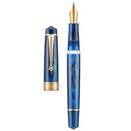Asvine P20 Pluma estilográfica de pistones, resina azul galaxia iridio, punta mediana, borde dorado, colección de autor suave, con estuche