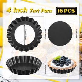16 Pieces Mini Tart Pans with Removable Bottom Round Nonstick Quiche Pan Mini Pie Pans Mini Tart Shells Bakeware Mold Fluted Side for Pies, Mousse Cakes, Dessert Baking (Black Gray, 4 Inch)