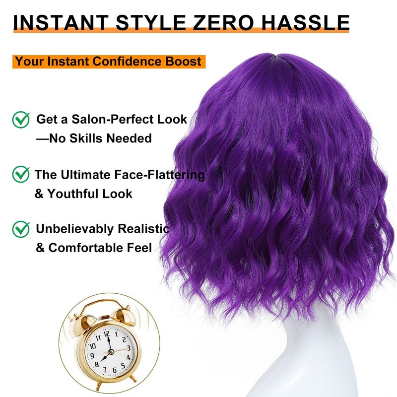 Short Wavy Purple Bob Wig with Bangs Synthetic Wigs for