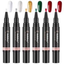 Kalolary 6 Colors Nail Polish Pen, Christmas 3 IN 1 One Step Nail Gel Pen Brush for Nail Art DIY Drawing Polish Pen DIY Home Salon(No Need Base and Top Coat)