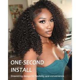 Human Hair Half Wig Kinky Curly - 200% Density, 16 Inch, Glueless Wear & Go, 3-in-1 Flip-Over/Headband/Drawstring Wig, Natural Look, Beginner Friendly (Natural Black, 16 Inch, Kinky Curly)