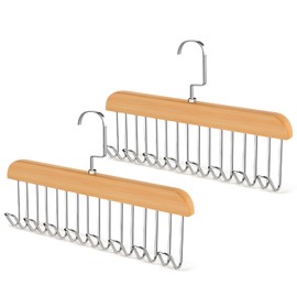 Belt Holder Wardrobe, Pack of 2 Wooden Belt Hangers with 8 Hooks, 360° Rotatable Wooden Tie Holder Belt Hanger for Scarves Ties Belts Socks