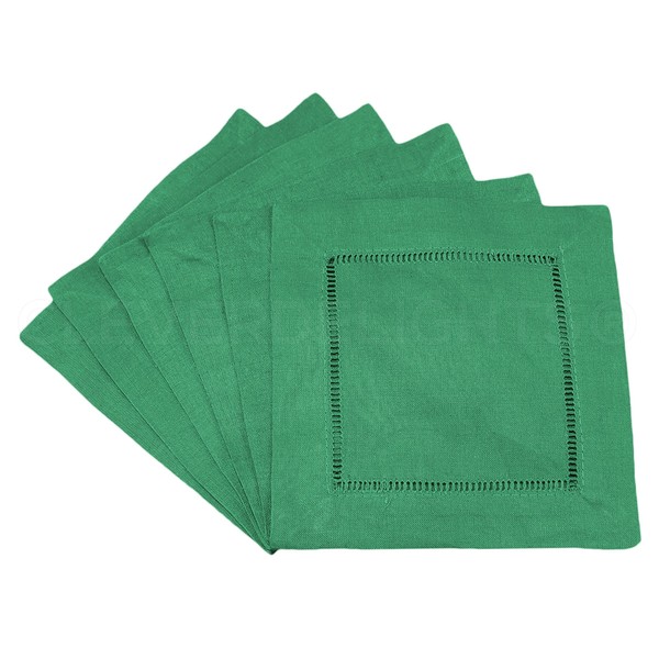 CleverDelights 6" Green Linen Hemstitch Cocktail Napkins - 12 Pack - 100% Linen