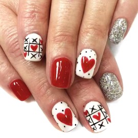 Short Press on Nails Square Valentines Fake Nails with Red Hearts Design Silver Glitter Glue on Nails Press ons Red Full Cover Glossy Acrylic False Nalis Valentine's Day Stick Nails for Women 24Pcs
