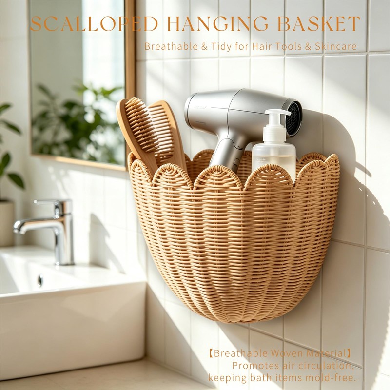 2PCS French Provence Scalloped Scallop Woven Wicker Wall Baskets Basket