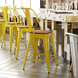 Flash Furniture Kai Commercial 24" High Indoor-Outdoor Counter Height Stool - Yellow Galvanized Steel Frame - Teak Square All-Weather Poly Resin Seat - Removable Back