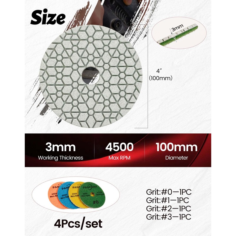Panfreet 4"/100mm 4 Step Polishing Diamond Pads,Granite Polishing Pads Wet