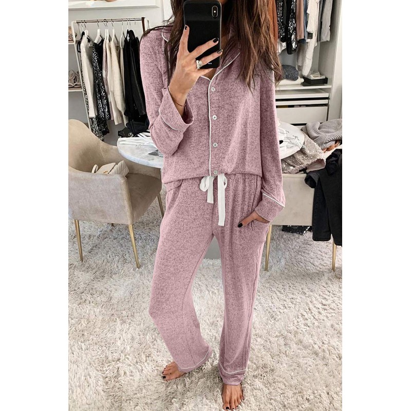 Aamikast Women's Two-piece Classic knit Pajama Sets Long Sleeve Button