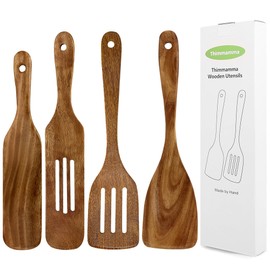 Wooden Spatula, 4 Piece Heat Resistant Cooking Wood Spatulas Spurtles for Non-Stick Cookware Kitchen Use, Non-Toxic Handmade Teak Wooden Cooking Utensil Spurtle Set for Cast Iron Baking Flipping
