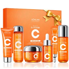 6-Piece Vitamin C & Niacinamide Hydrating Skincare Set – Complete Face & Body Kit with Cleanser, Toner, Serum, Moisturizer, Eye Cream & Body Lotion | Ideal Valentine’s Day Gift for Her