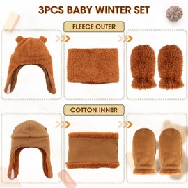 PEECABE Winter Baby Hat and Mittens Set Fleece Toddler Beanie Scarf Infant Ears Earflap Hood Scarves Caps for Baby Boys Girls (Caramel, 0-9 Months)
