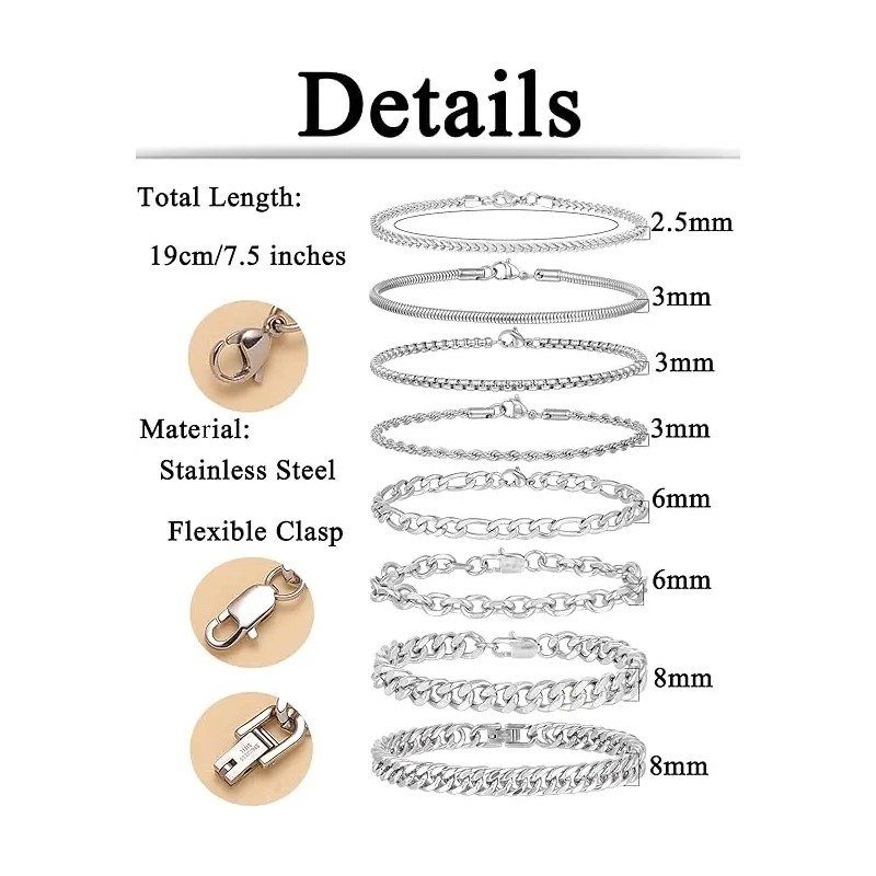 8Pcs Chain Bracelet Stainless Steel Curb Width Rope Figaro Cuban