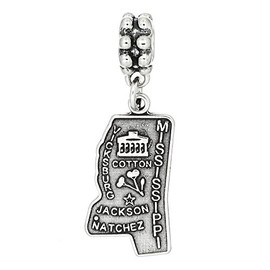 LGU Sterling Silver Oxidized Mississippi State Map Dangle Bead Charm