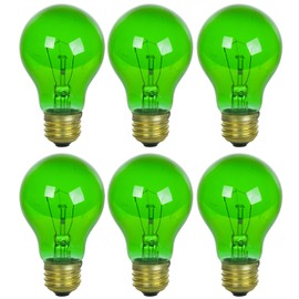 Sunlite A19 Colored Incandescent Light Bulb, 25 Watts, 120 Volts, Green, Transparent, Medium E26 Base, Dimmable, 6 Pack