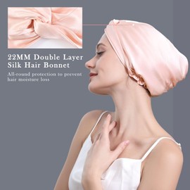 DAISYSILK 22 Momme 100 Pure Mulberry Silk Hair Bonnet for Sleeping Double Layered Silk Hair Wrap for Women with Elastic Stay On Head,Pink