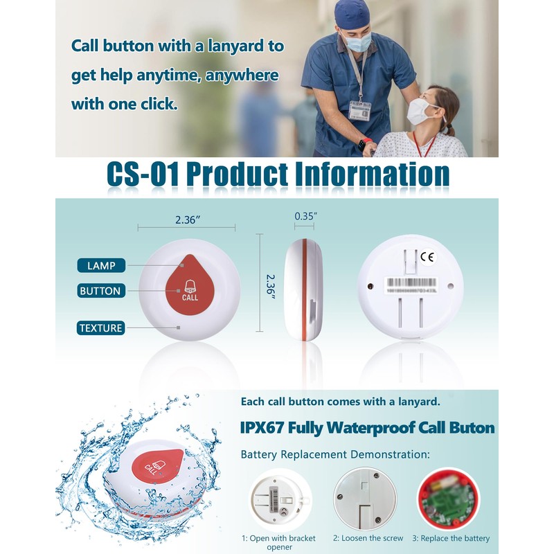 WNKRUN Wireless Caregiver Pager Nursing Pager Calling System Elderly Alarm
