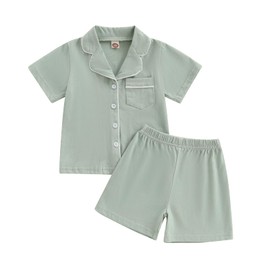 YILEEGOO Toddler Baby Boy Girl Cotton Pajamas Set Summer PJS Short Sleeve Lapel Neck Button Down Shirts Tops with Elastic Pants Loungewear Sleepwear Homewear (Green, 3-6 Months)