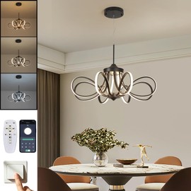 LANGLITIAODENG Chrome/Black LED Ceiling Light with Remote Control, Dimmable Lustre with 3 Color Temperature,6 Lights Chandelier for Dining Room (Black-Pendant-YF2805, Dia 35.4*H10.2 inch)