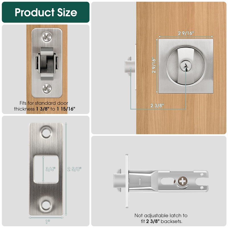 Square Pocket Door Lock, Satin Nickel Pocket Door Hardware, Sliding