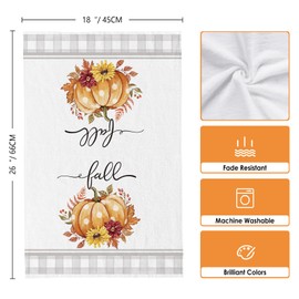 Cloudfomila Fall Pumpkin Kitchen Towel Farmhouse Grey Buffalo Plaid Dish Towels Set of 2, Autumn Thanksgiving 18 x 26 Inch Hand Towel Quick Drying Dishcloth Decor for Kitchen Bathroom Home