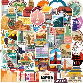 100 Pcs World Travel Stickers Set Cityscape Aesthetic Travel Map Stickers Vinyl Waterproof Stickers for Water Bottles Laptops Bike Car Motorcycle Skateboard