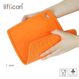 Liflicon Thick Cutting Boards for Kitchen Silicone Chopping Board Set of 2 Mid 12.6'' x 9.1”,Mini 9.1”x7.1” Non-slip Deep Drip Juice Groove Easy Grip Handle,Dishwasher Safe-Orange