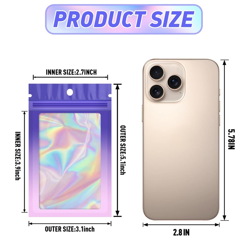 100 bolsas transparentes holográficas degradadas (3.1 x 5.1 pulgadas, morado