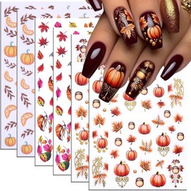 Fall Nail Stickers Maple Leaf Pumpkin Nail Art Decals Autumn Glitter Leaves Pine Nut Pumpkin Nails Design Self-Adhesive Nail Art Supplies Thanksgiving Gold Yellow Maple Leaf Stickers for Nails DIY
