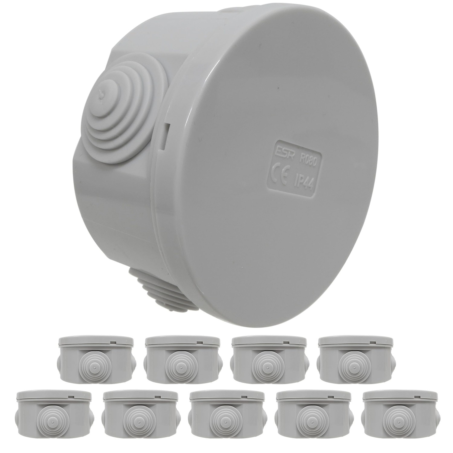 10 x 80mm Round Electrical Junction Box with Rubber Cable Grommets and ...
