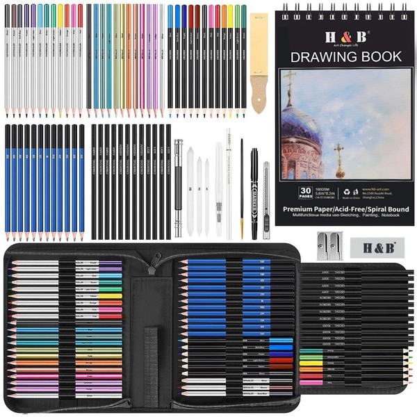 Art Supplies Sketching Pencils Set, Pro Drawing Pencils Coloring Set with Colored, Graphite, Charcoal, Watercolor, Sketch Book,Ideal Gift for Artists Adults Teens Beginners