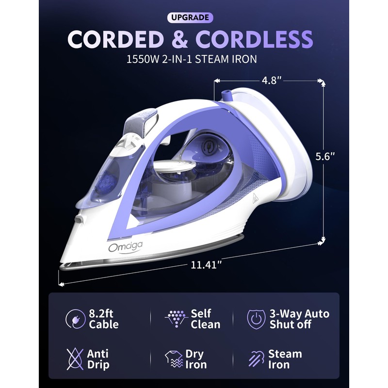 OMAIGA Cordless Iron for Clothes, 1550W 2-In-1 Cordless/Corded Steam Iron