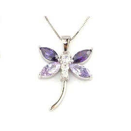 Ladies Solid 925 Sterling Silver Purple Stone Set Dragonfly Pendant & 16" Sterling Silver Chain Necklace