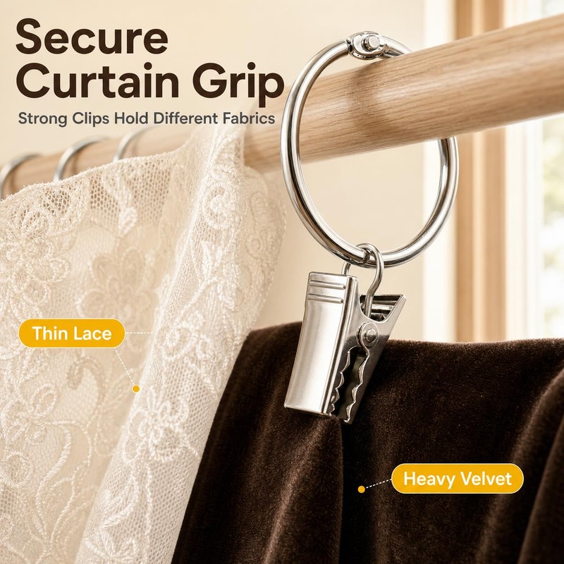 Kaaeiccr 45mm Curtain Rings With Clips, 20 Pack Metal Drapery
