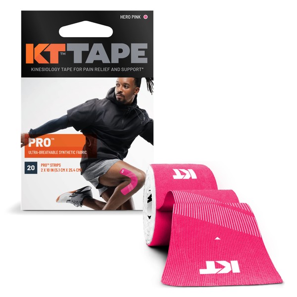 KT Tape, Pro Synthetic Kinesiology Athletic Tape, 20 Count, 10” Precut Strips, Hero Pink